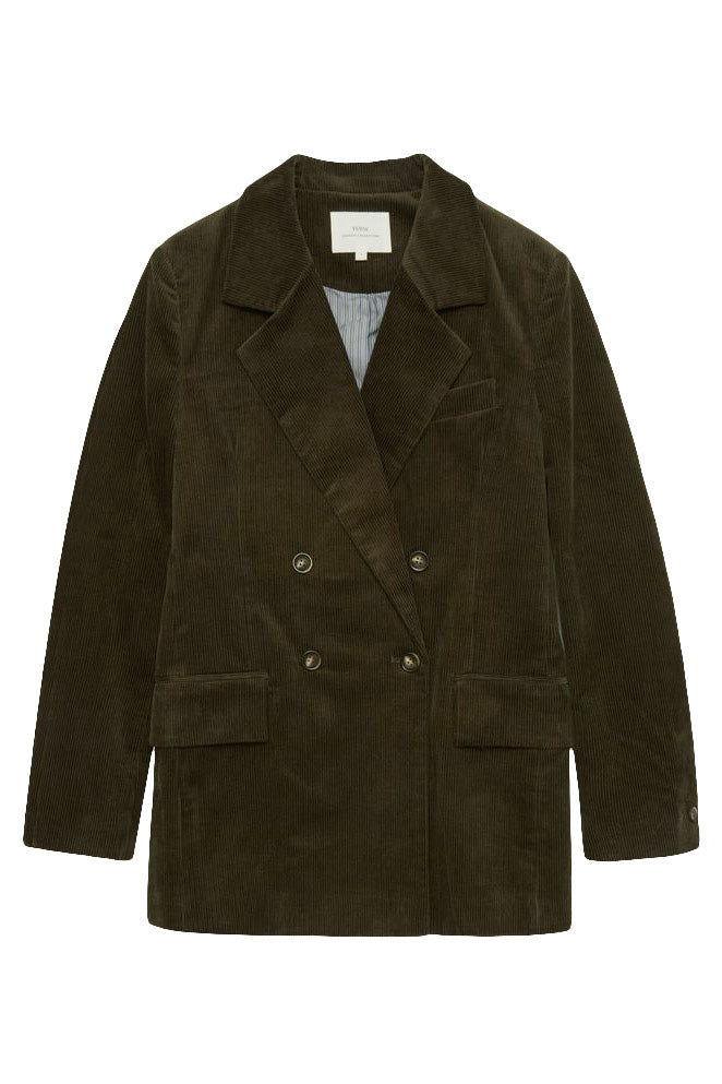 Yerse Cord Double-Breasted Straight Blazer - Olive