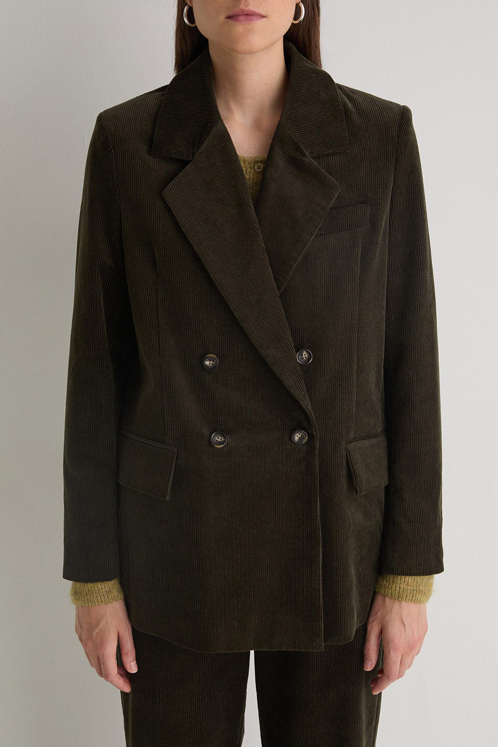 Yerse Cord Double-Breasted Straight Blazer - Olive