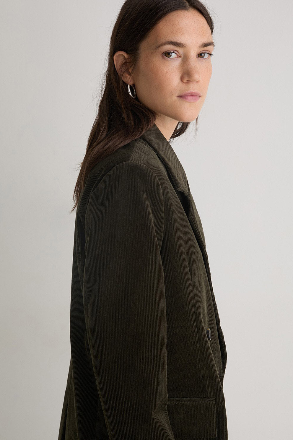 Yerse Cord Double-Breasted Straight Blazer - Olive