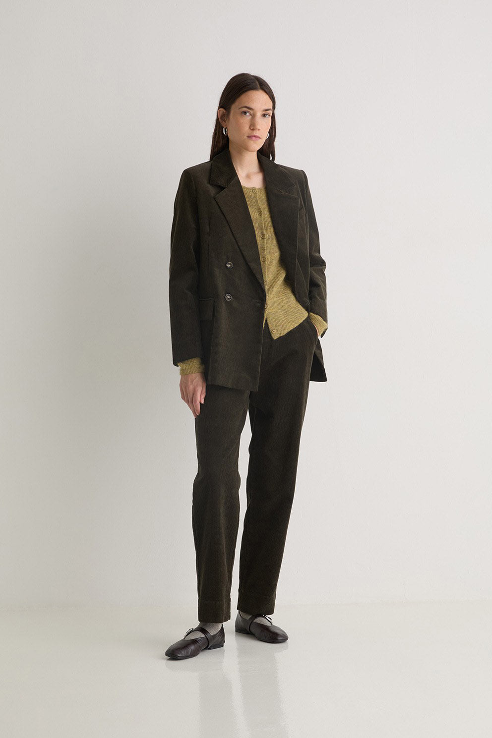 Yerse Cord Double-Breasted Straight Blazer - Olive