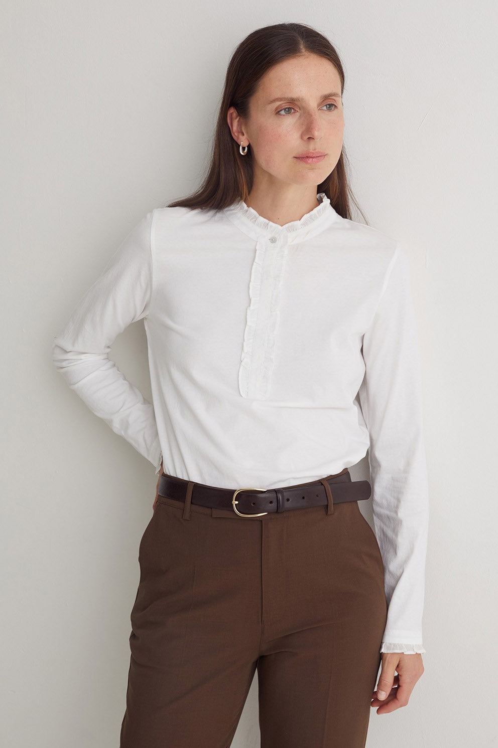 Yerse Cotton Jersey Top with Ruffles - White