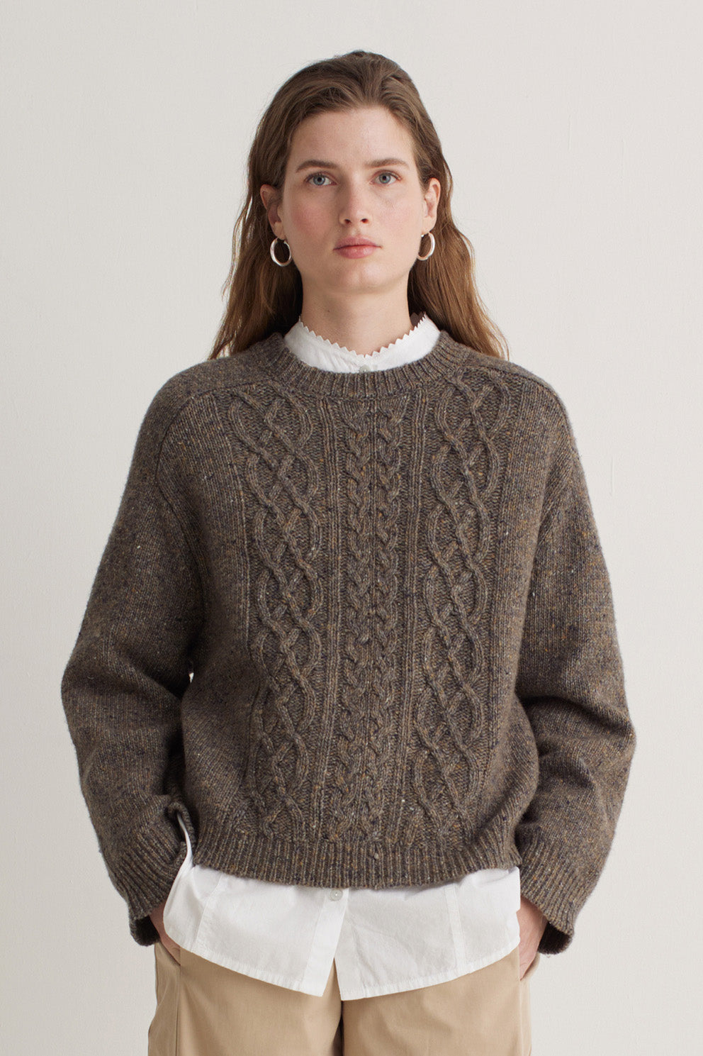 Yerse Extrafine Merino Wool Blend Cable Knit Jumper - Brown