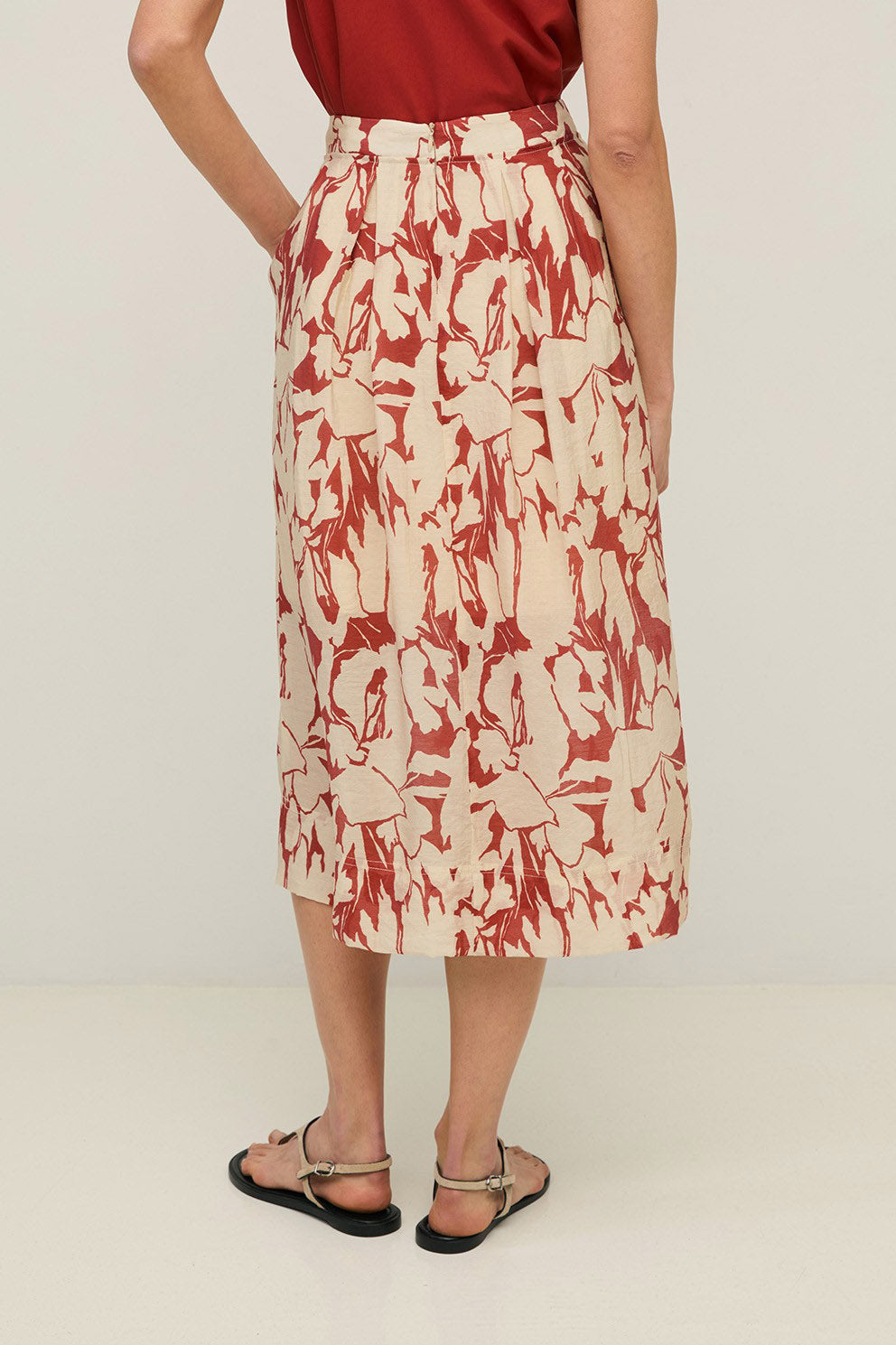 Yerse Floral Printed Midi Skirt - Dark Red
