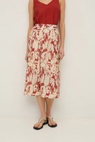 Yerse Floral Printed Midi Skirt - Dark Red