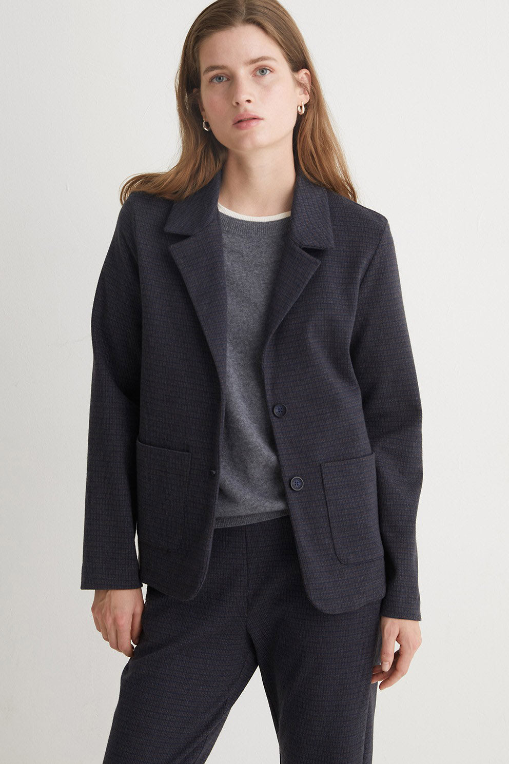 Yerse Jacquard Check Knit Blazer - Navy