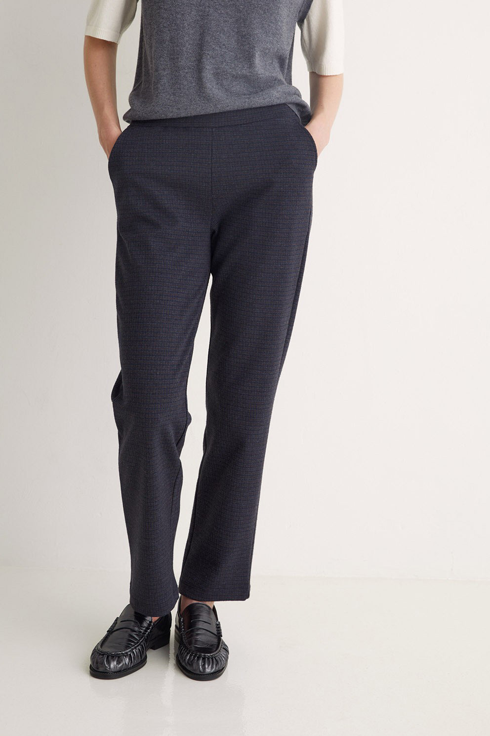 Yerse Jacquard Check Straight Trousers - Navy/Brown