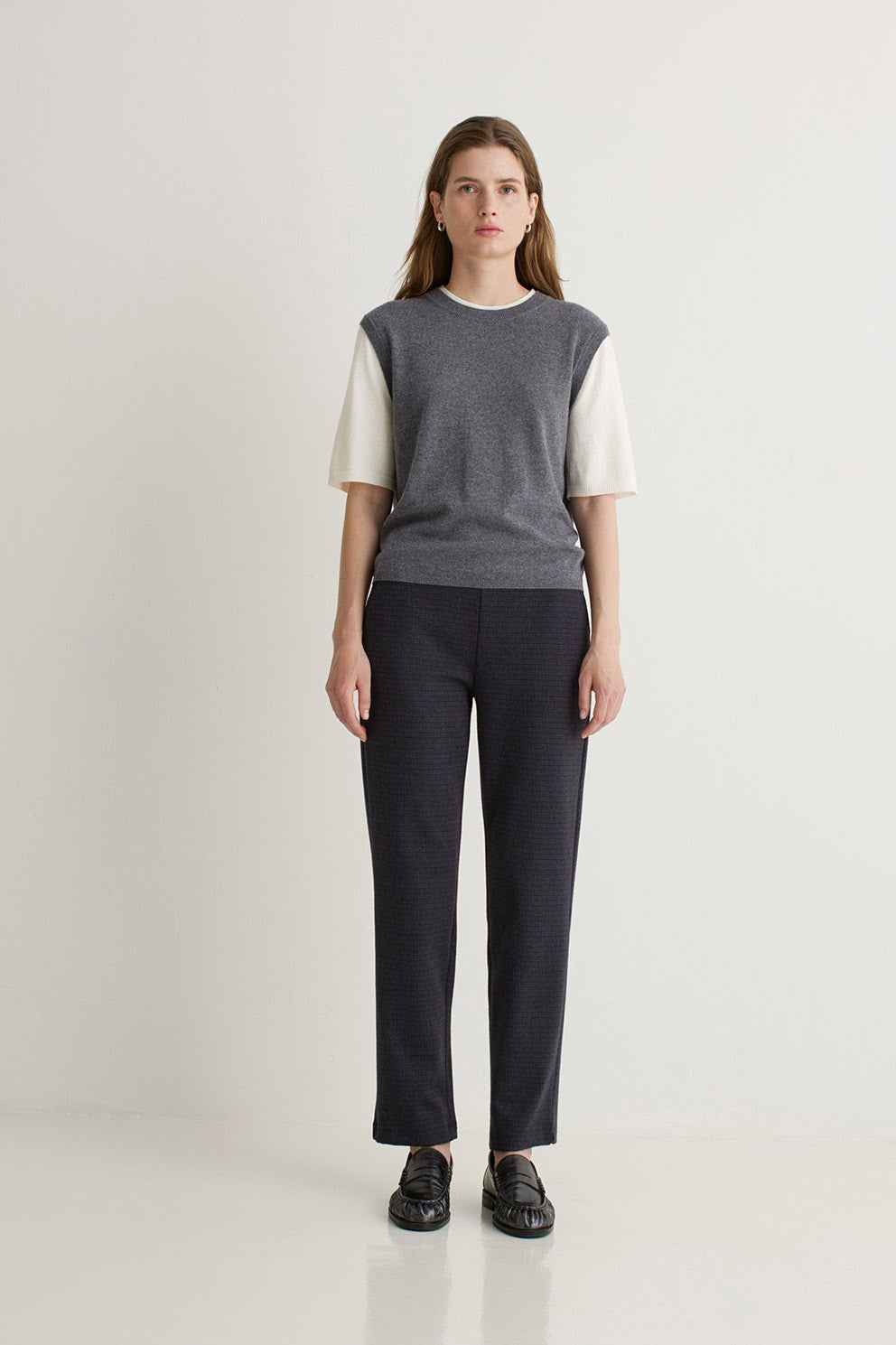 Yerse Jacquard Check Straight Trousers - Navy/Brown