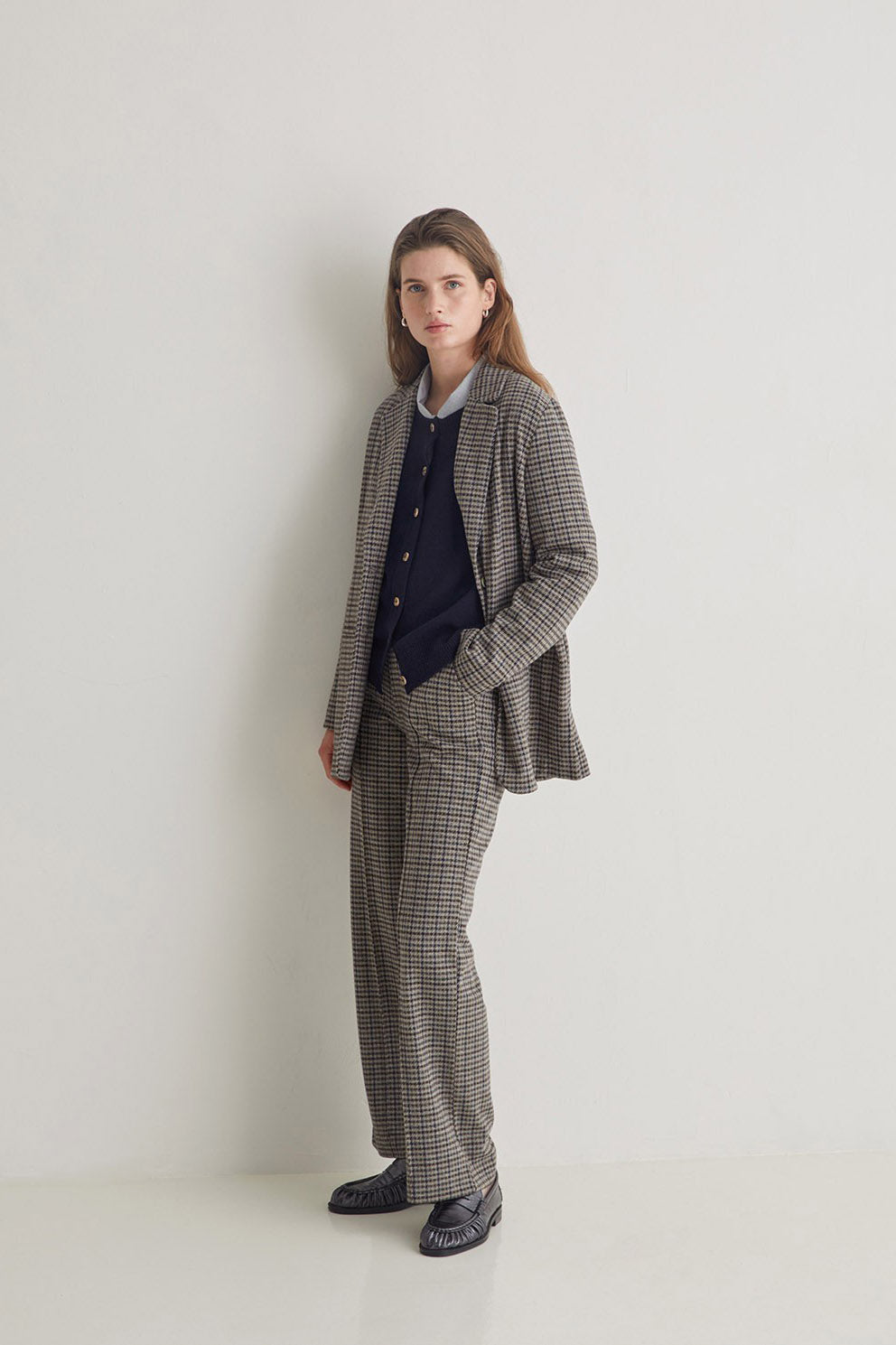 Yerse Jacquard Check Wide Leg Trousers - Grey