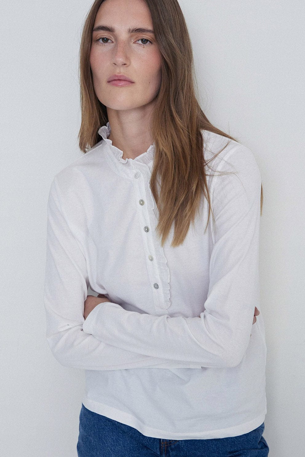 Yerse Long Sleeve Top with Ruffle Detail - White