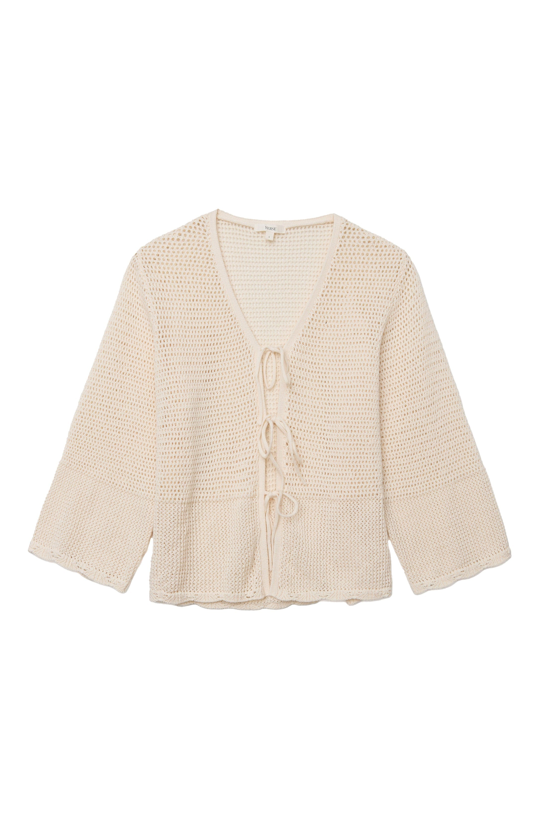 Yerse Net Cotton Openwork Tie Detail Cardigan - Natural