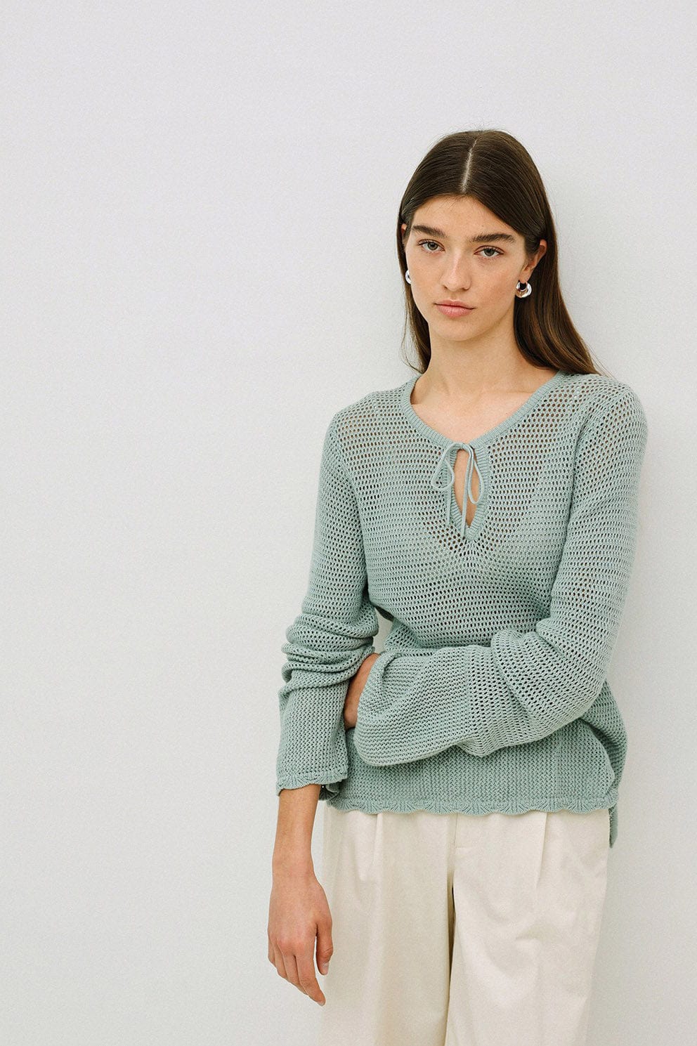 Yerse Net Cotton Openwork Tie Detail Knit - Verde Claro