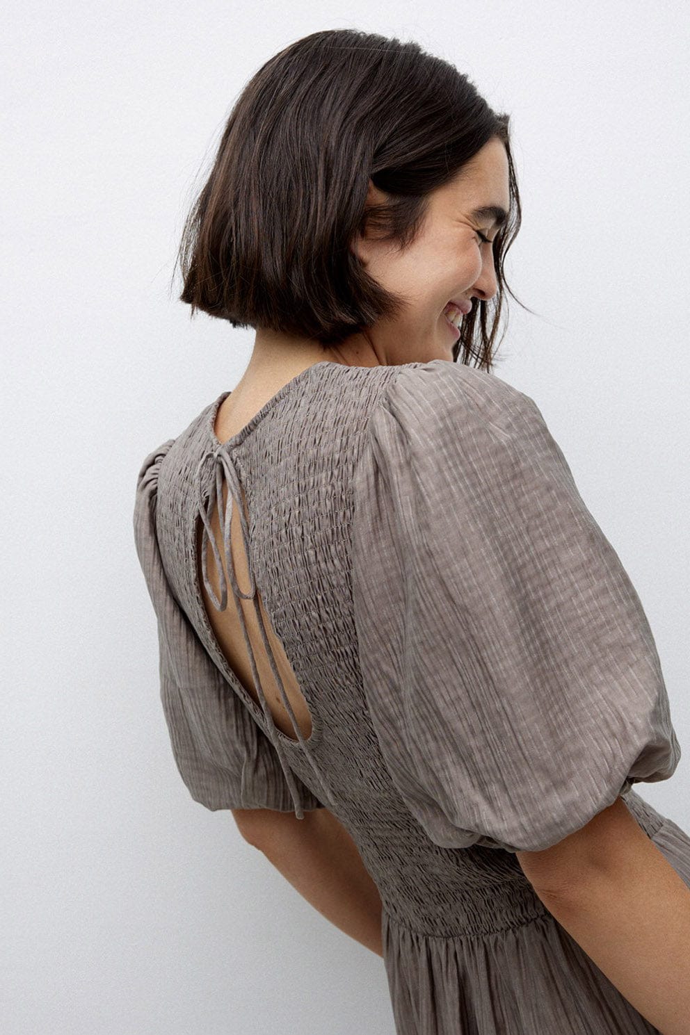 Yerse Procida Shirred Detail Midi Dress - Kaki