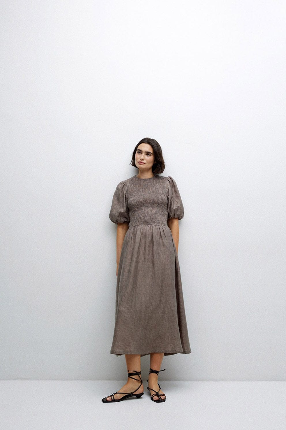 Yerse Procida Shirred Detail Midi Dress - Kaki