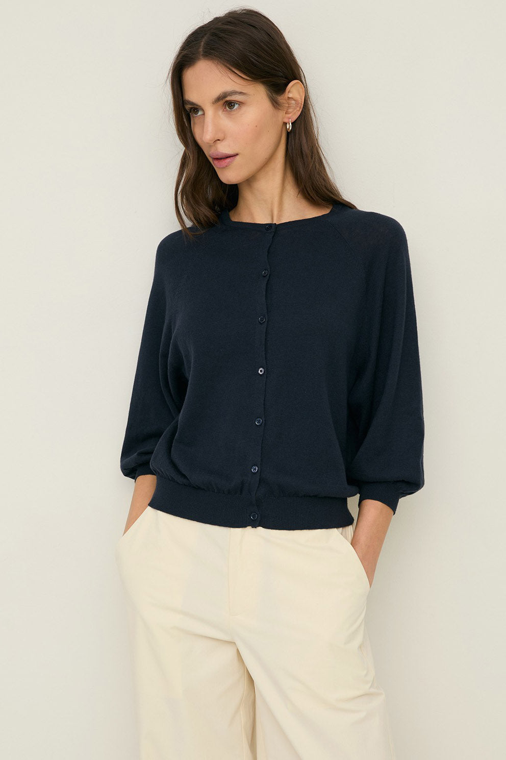 Yerse Round Neck Cardigan - Navy