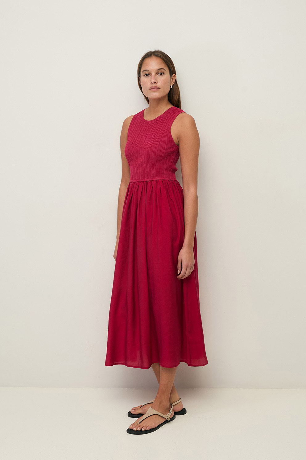 Yerse Shirred Detail Midi Dress - Raspberry
