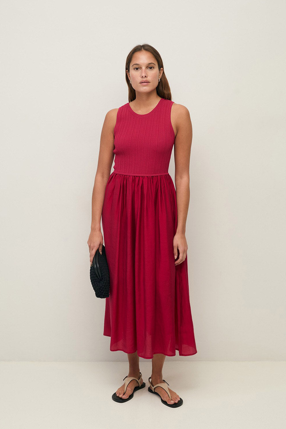 Yerse Shirred Detail Midi Dress - Raspberry