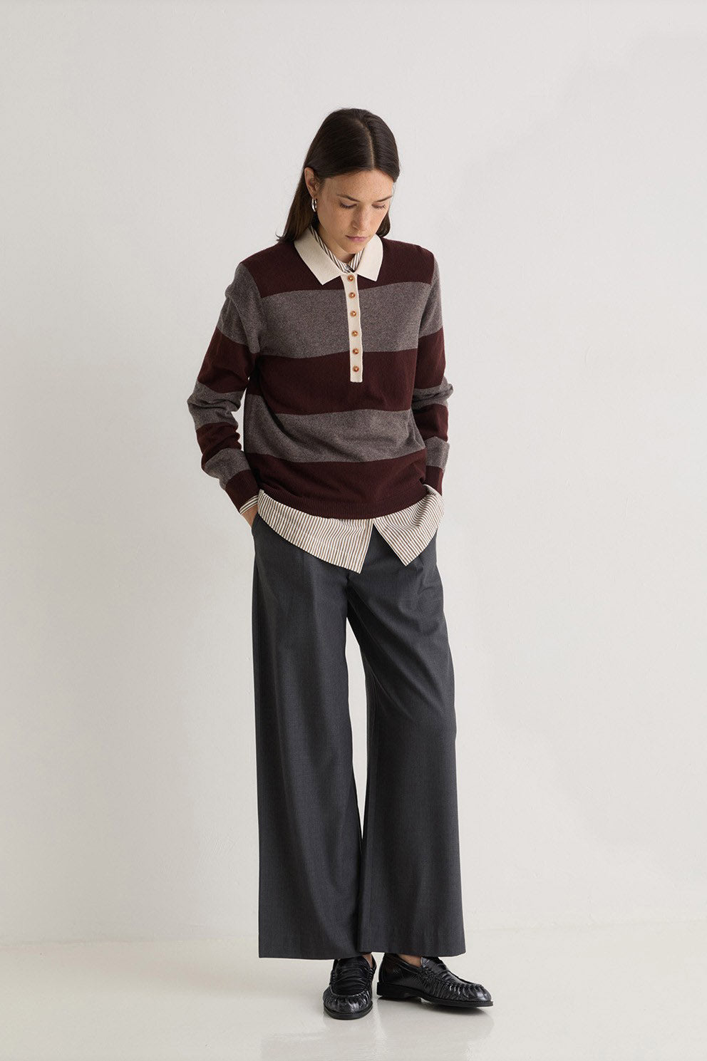 Yerse Stripe Collared Wool Blend Jumper - Maroon/Mole