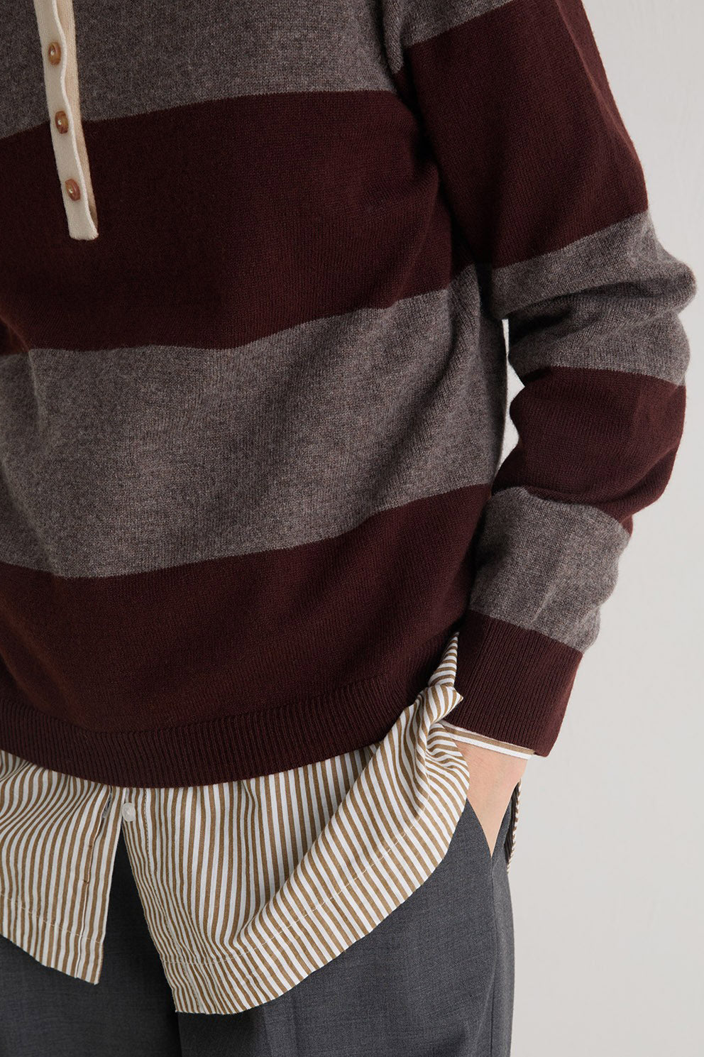 Yerse Stripe Collared Wool Blend Jumper - Maroon/Mole
