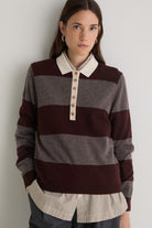 Yerse Stripe Collared Wool Blend Jumper - Maroon/Mole