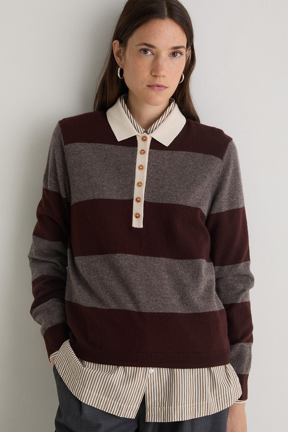 Yerse Stripe Collared Wool Blend Jumper - Maroon/Mole